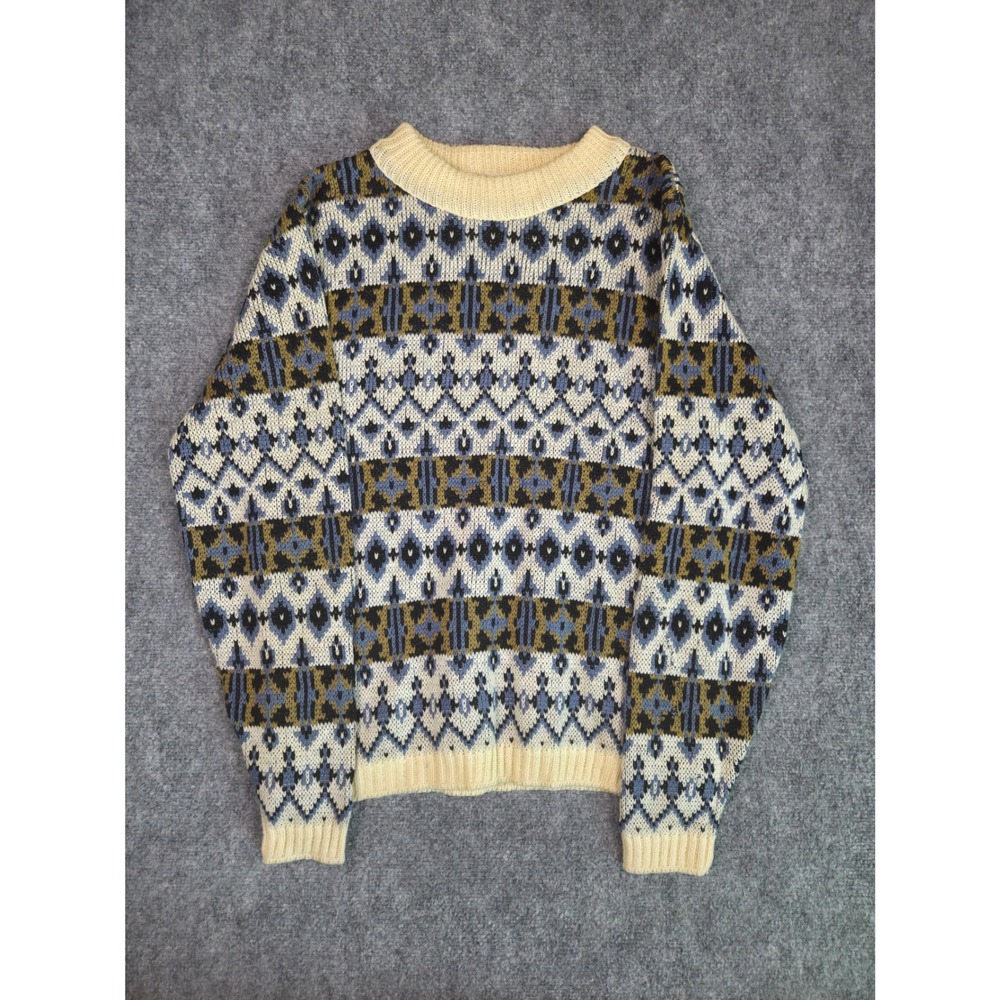Vintage 80s Highland Knitting Mills Wool Sweater Geometric Nordic Knit Mens M
